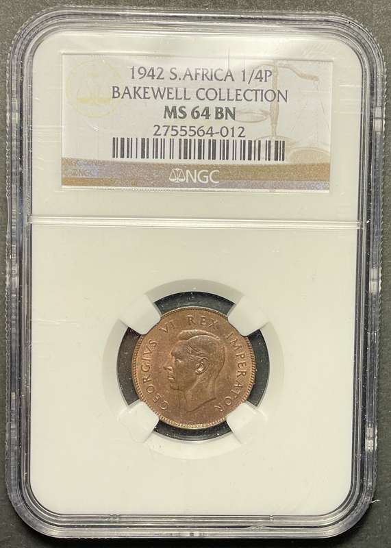 Beautiful 1942 SA Union 1/4 penny coin Graded MS64BN by NGC - Bakewell Collection