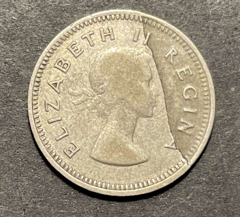 Error 1955 SA Union silver 3 pence coin with a major planchet error!