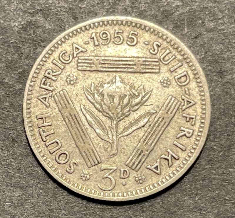 Error 1955 SA Union silver 3 pence coin with a major planchet error!
