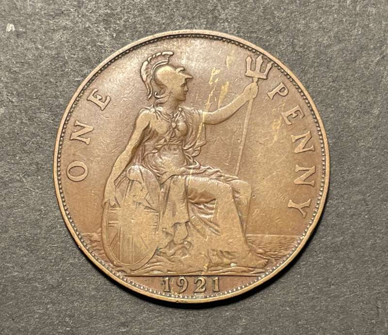 Error 1921 British 1 penny coin - Poorly mixed alloy (Planchet error)