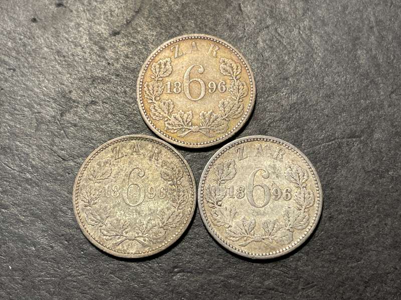 Lot of 3x Silver 1896 ZAR sixpence coins - Only 205,480 minted