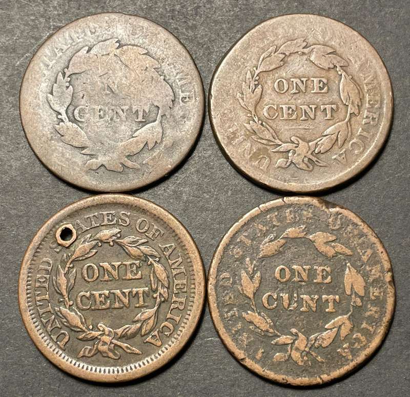 Collection of 4 USA "Large Cents" in poor condition - Old coins