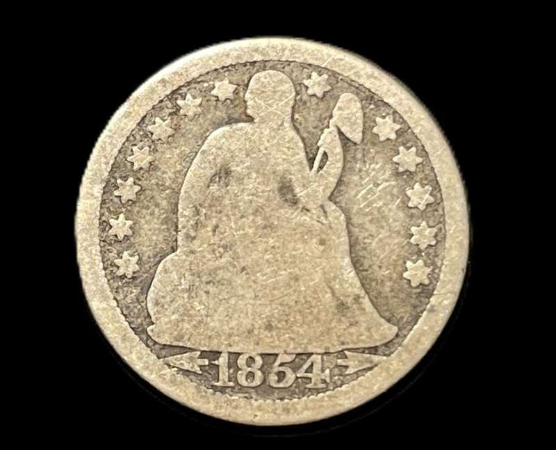 Scarce 1854 USA Silver 1 Dime old coin - Catalogue value of $35 in F