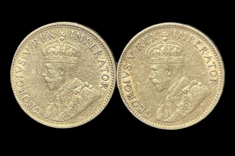 Lot of 2 +/-AU 1932 SA Union Silver 3 pence (Tickey) coins - Different "2" positions