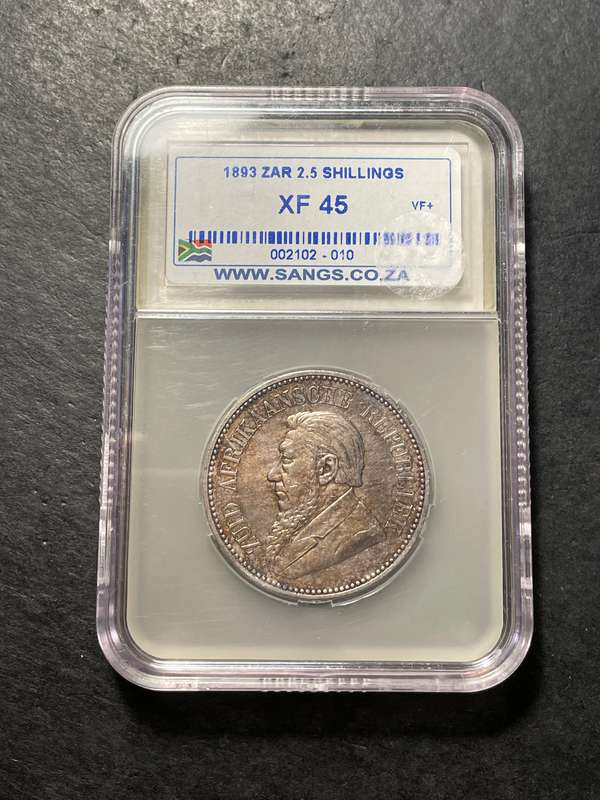 Rarest ZAR halfcrown coin - 1893 Silver Kruger 2 1/2 shillings coin SANGS graded XF45