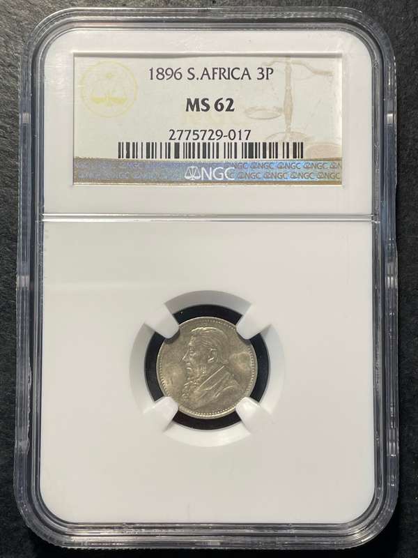 UNC Silver 1896 ZAR tickey (threepence) coin in NGC graded Mint State 62!