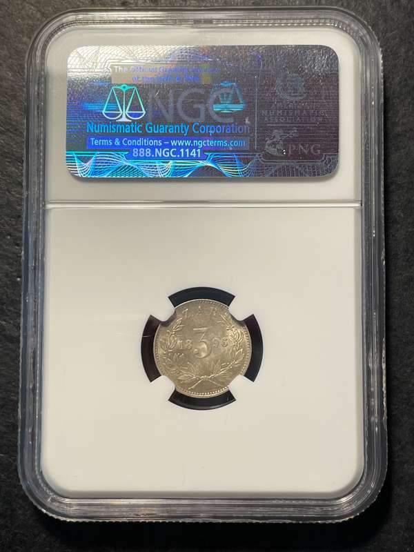 UNC Silver 1896 ZAR tickey (threepence) coin in NGC graded Mint State 62!