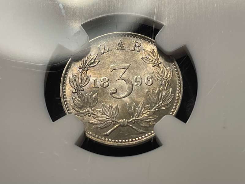 UNC Silver 1896 ZAR tickey (threepence) coin in NGC graded Mint State 62!