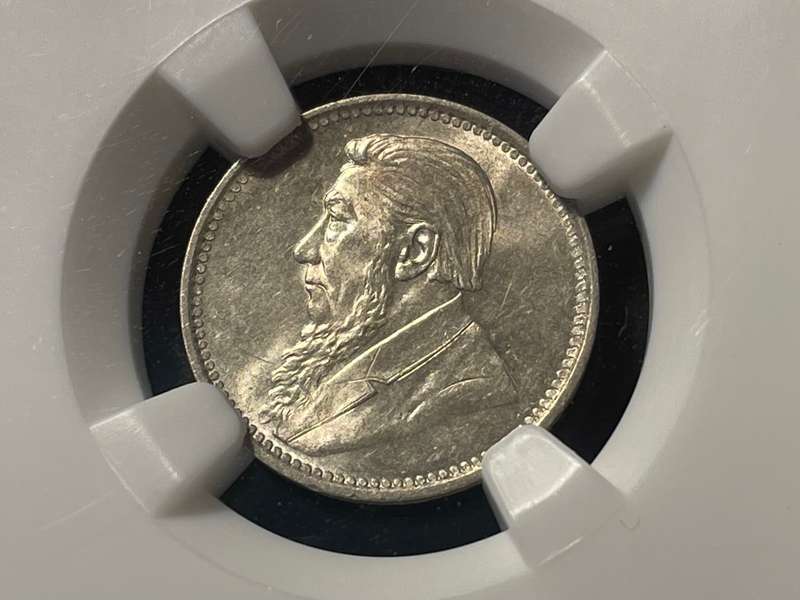 UNC Silver 1896 ZAR tickey (threepence) coin in NGC graded Mint State 62!