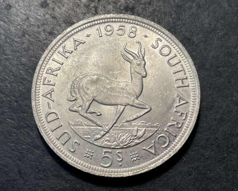 Solid silver South African 5 shillings (crown) coin from 1958 - Queen Elizabeth II