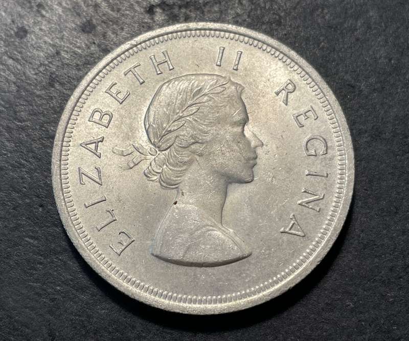 Solid silver South African 5 shillings (crown) coin from 1958 - Queen Elizabeth II