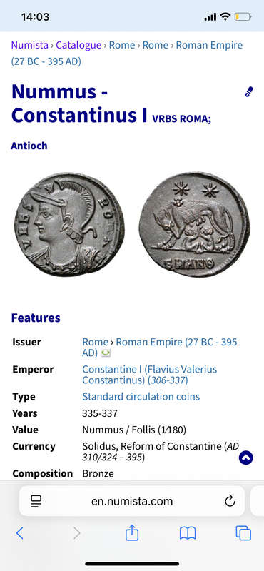 Romulus & Remus with She-wolf | Bronze Nummus of the Roman Emperor Constantine I (335 to 337 AD)