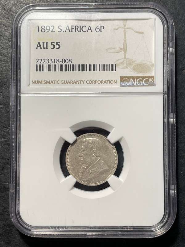 1892 ZAR Silver 6 pence coin NGC graded AU55 - Low mintage and high catalogue value