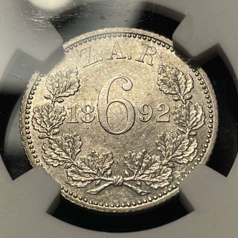 1892 ZAR Silver 6 pence coin NGC graded AU55 - Low mintage and high catalogue value