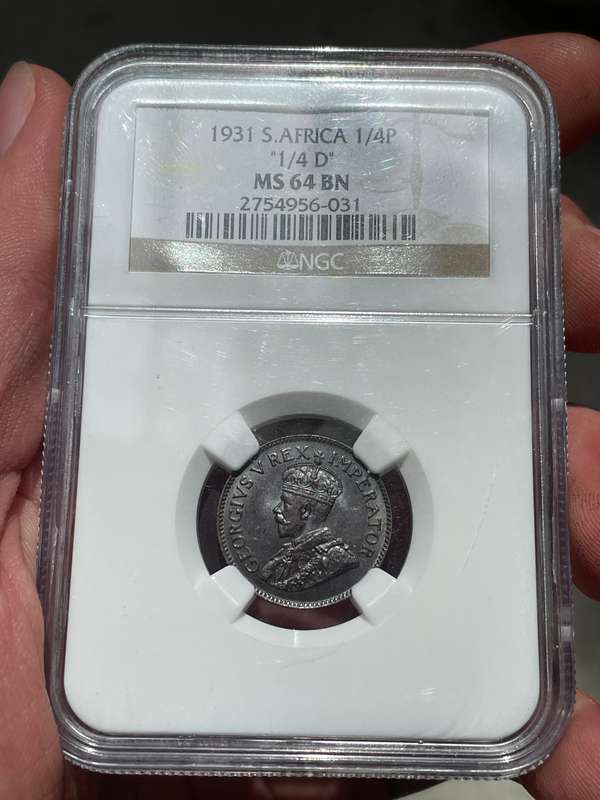 Very rare Suid variety 1931 Bronze 1/4 penny coin - NGC graded MS64 BN - Only one grade better!
