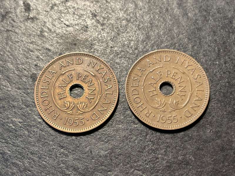 Lot of 2x Rhodesia and Nyasaland bronze half (1/2) penny coins from 1955