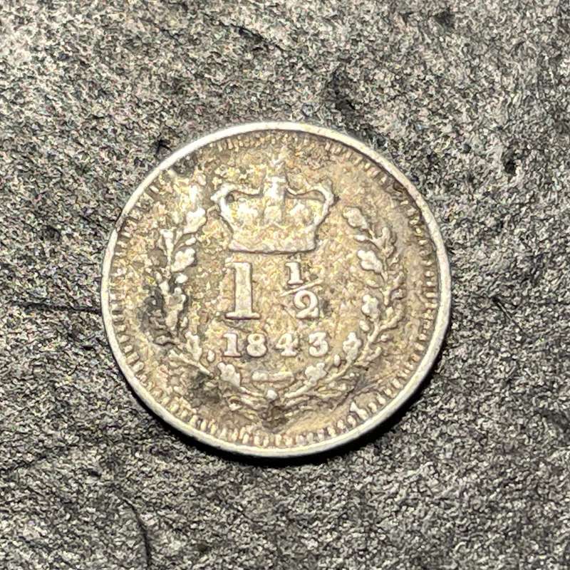 Tiny Silver One-and-a-half penny coin - 1843 Queen Victoria issue.