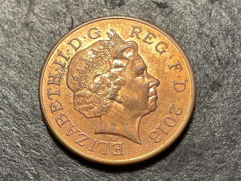 Shiny copper 2013 two pence coin from the United Kingdom - Queen Elizabeth II