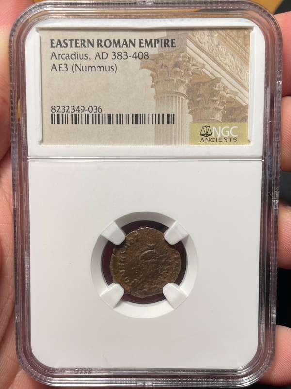 1,642 to 1,617 years old - Ancient Roman bronze Nummus coin minted under Arcadius - NGC graded