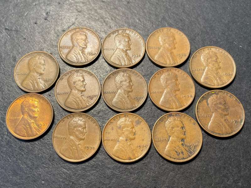 American wheat pennies - Lot of 13x different date-and-mintmark combinations from the 1930s