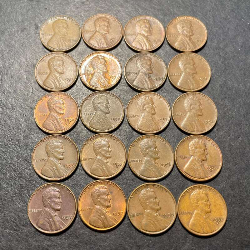 American wheat pennies - Lot of 20x different date-and-mintmark combinations from the 1950s