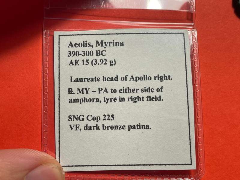 Ancient Greek 2300+ years old bronze coin - Amphora and Apollo issue - Minted in Aeolis, Myrina