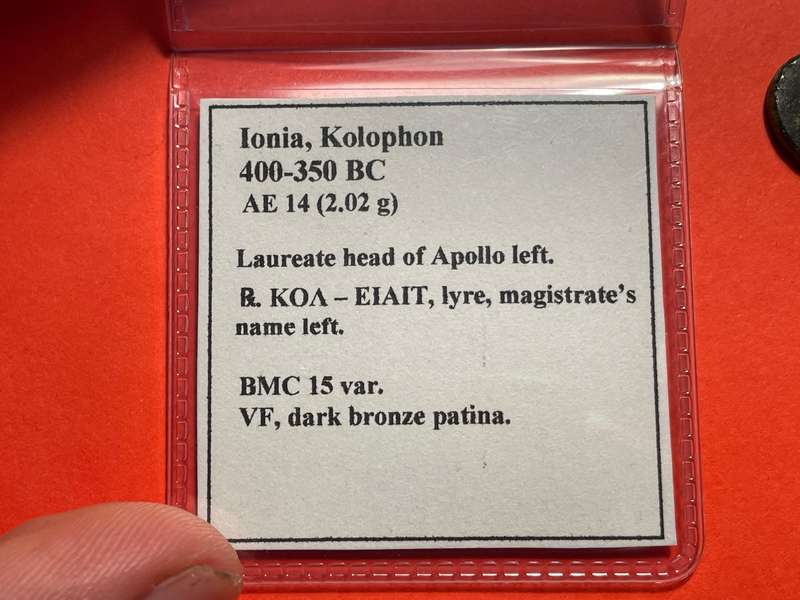 Ancient Greek 2350+ years old bronze coin - Apollo and lyre issue - Minted in Ionia, Kolophon