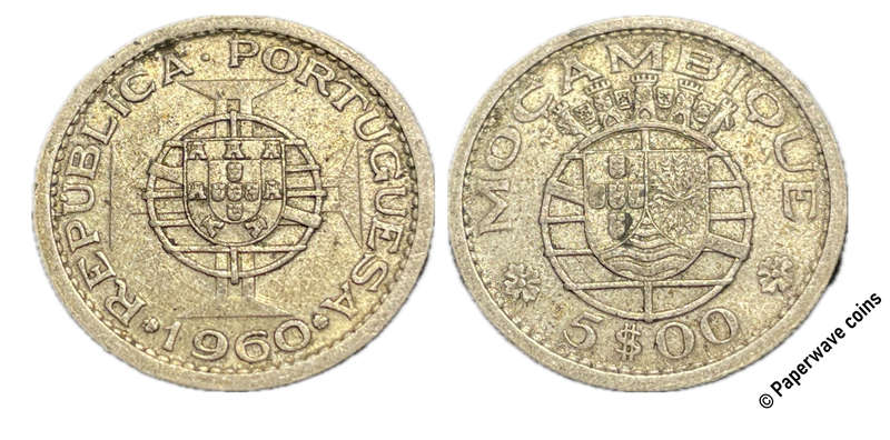 SILVER 1960 Mozambique 5 dollars coin