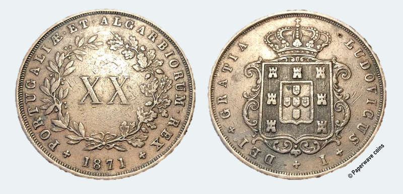 Very large 1871 Portuguese 20 reis bronze coin - Nice looking coin