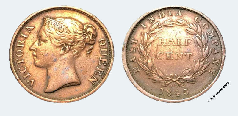 British East India Company - 1845 Bronze half cent coin - Queen Victoria