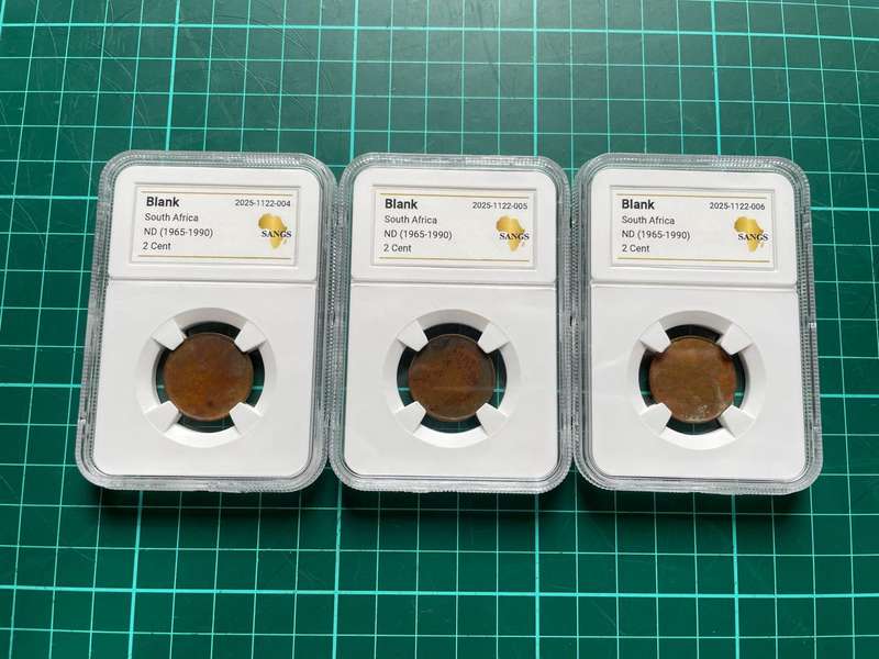 Error South African 2 cent blank planchets (1965 to 1990) graded by SANGS - 3x available