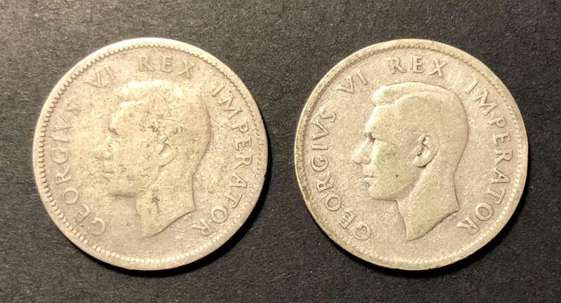 Lot of 2 Scarce 1940's SA Union silver shilling coins - 1946 & 1947 - 80% silver