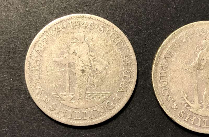 Lot of 2 Scarce 1940's SA Union silver shilling coins - 1946 & 1947 - 80% silver
