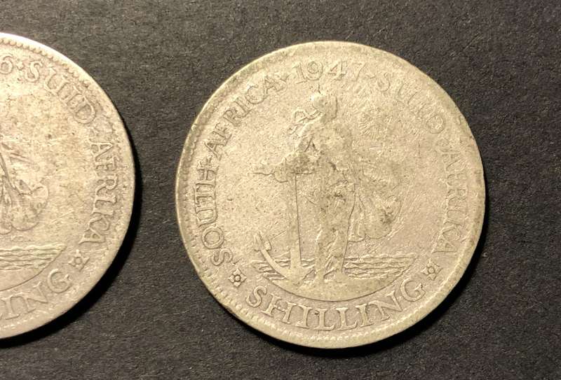 Lot of 2 Scarce 1940's SA Union silver shilling coins - 1946 & 1947 - 80% silver