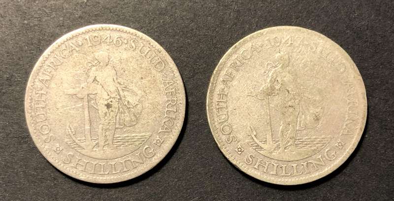 Lot of 2 Scarce 1940's SA Union silver shilling coins - 1946 & 1947 - 80% silver