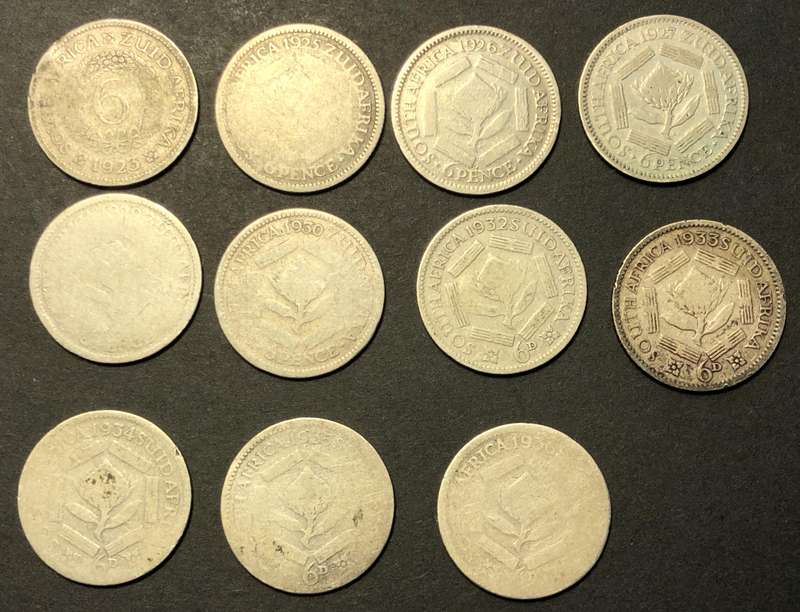 Almost complete lot George V Union silver 6 pence coins - Excluding only the 1924 & 1931
