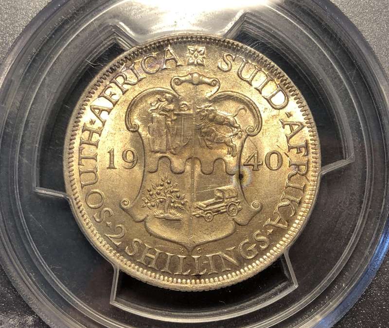 Beautifully toned UNC 1940 SA Union silver 2 shilling coin graded MS61 by PCGS