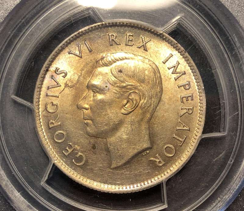 Beautifully toned UNC 1940 SA Union silver 2 shilling coin graded MS61 by PCGS