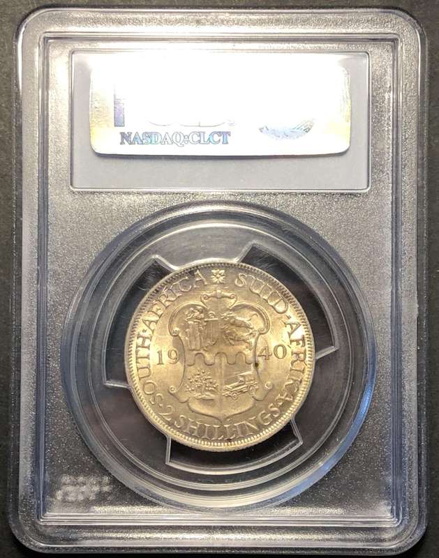Beautifully toned UNC 1940 SA Union silver 2 shilling coin graded MS61 by PCGS
