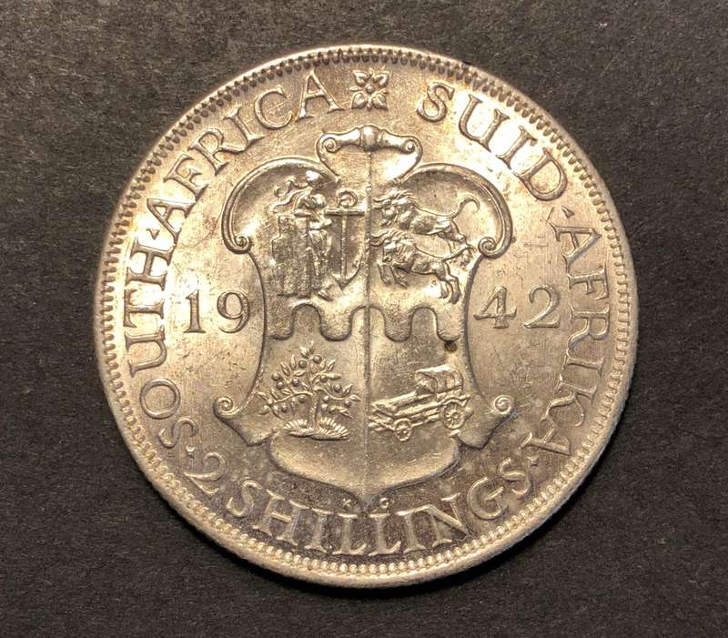 Brilliant UNC 1942 SA Union silver 2 shilling coin