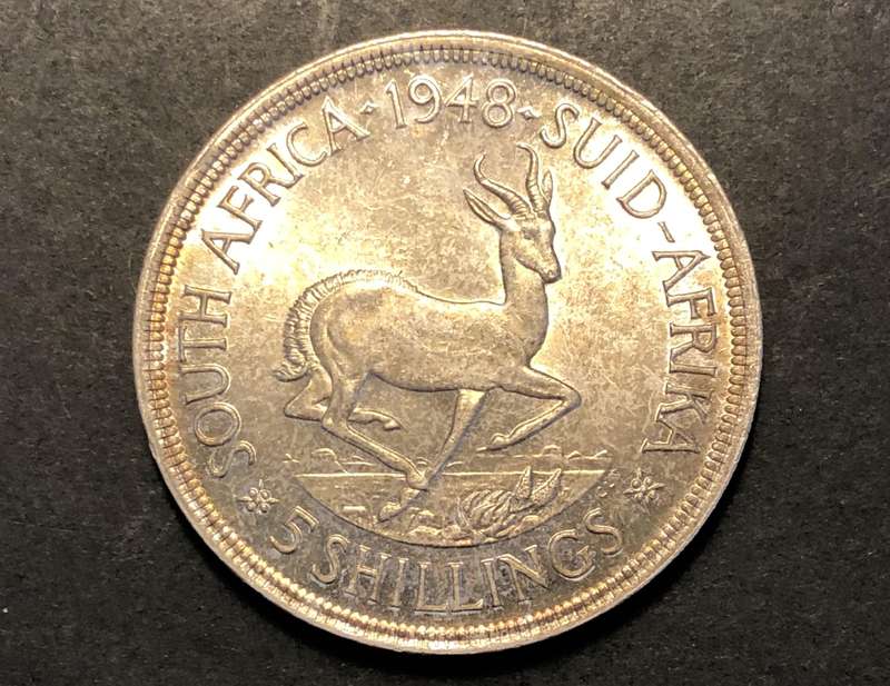 Very nicely toned a/UNC 1948 SA Union silver 5 shillings (crown) coin - 80% Silver