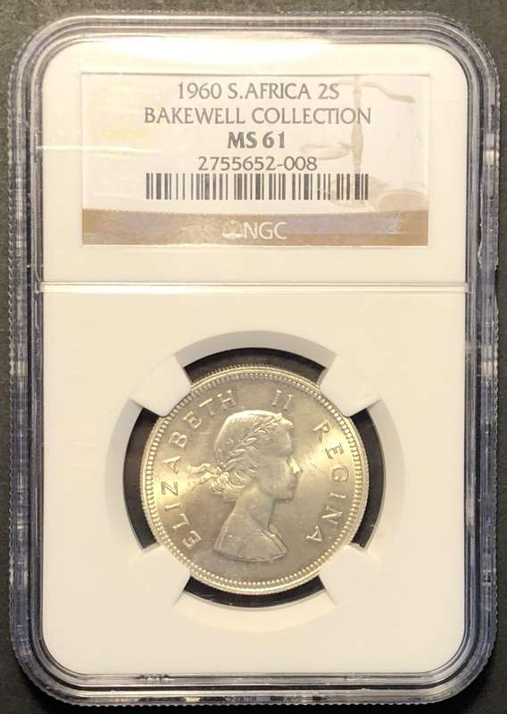Very nice 1960 SA Union silver 2 shilling coin graded MS61 by NGC - Bakewell Collection