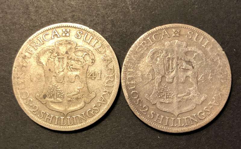 Lot of 2 SA Union silver 2 shilling (florin) coins dating 1941 & 1945