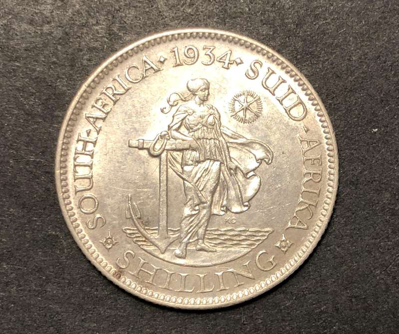 Scarce AU+ 1934 SA Union silver shilling coin - High catalogue value