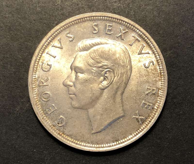 Very nicely toned a/UNC 1948 SA Union silver 5 shillings (crown) coin - 80% Silver