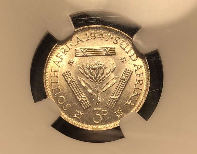 Beautiful 1947 SA Union silver 3 pence coin Graded MS63 by NGC