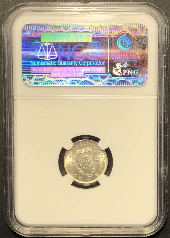 Beautiful 1947 SA Union silver 3 pence coin Graded MS63 by NGC