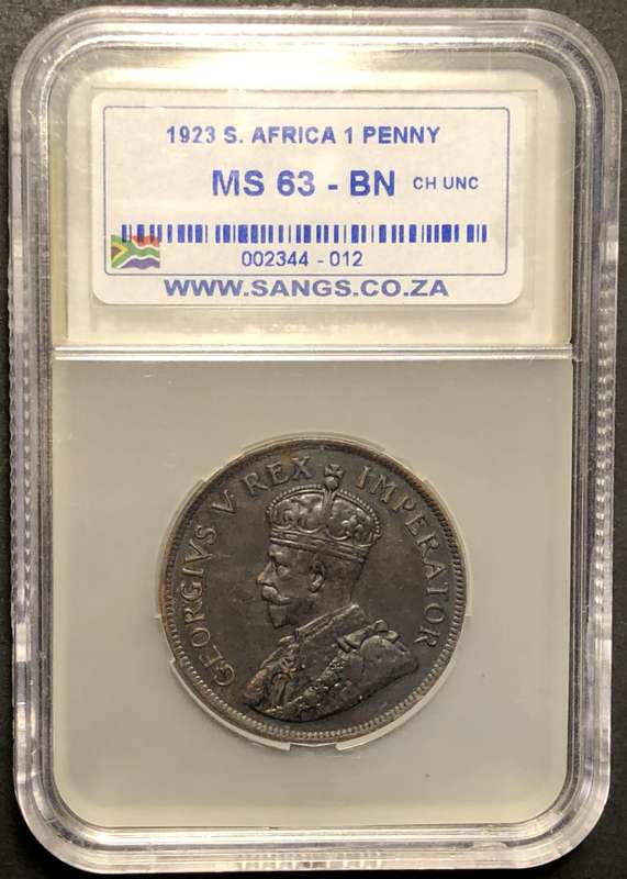 Scarce UNC 1923 SA Union 1 penny coin - SANGS Graded MS63BN