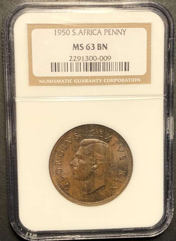 Nice 1950 SA Union 1 penny coin Graded MS63BN by NGC - Slight rainbow hue