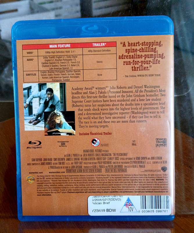 Blu-Ray disc - THE PELICAN BRIEF - Denzil Washington and Julia Roberts
